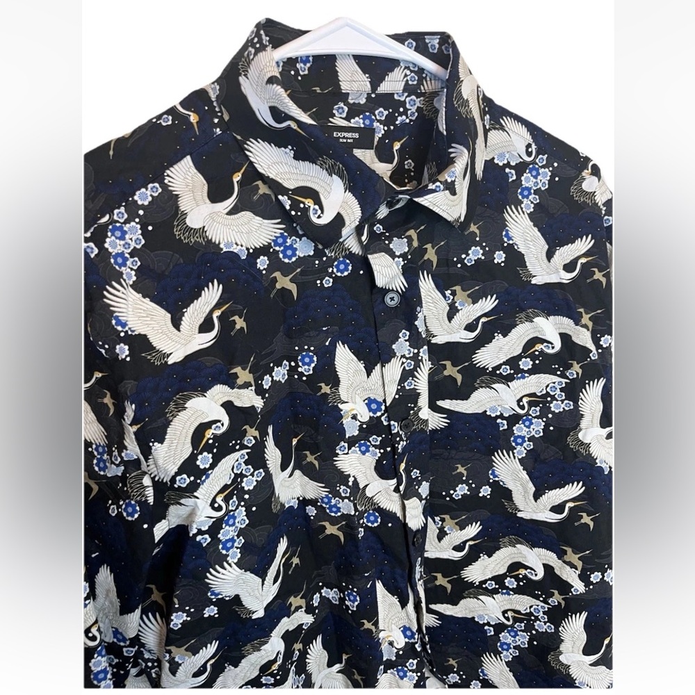 Express Mens Slim 1MX Long Sleeve Black Blue Crane Birds Shirt Button Up Size L - Picture 4 of 8
